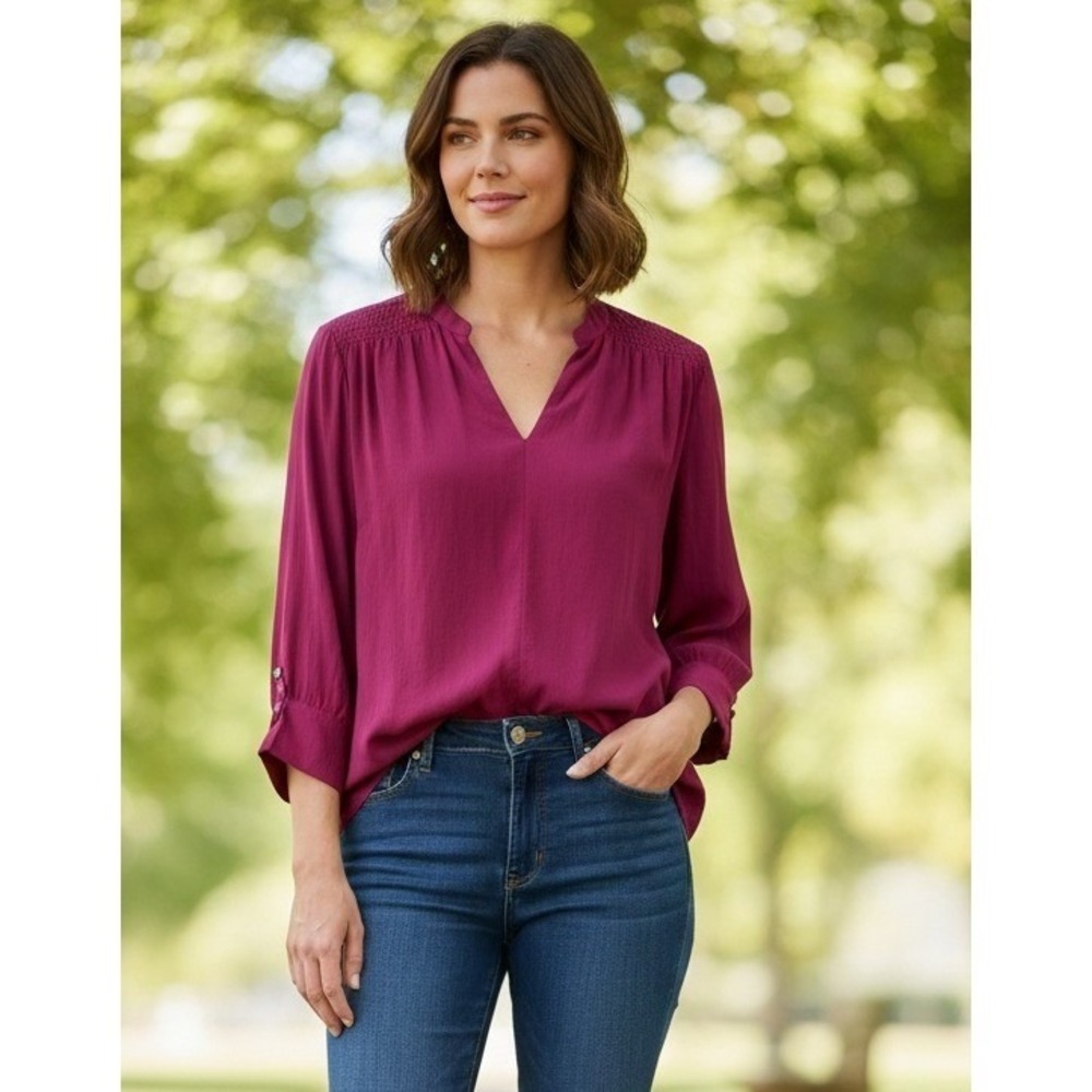 J. Jill Women's Split Neck Tunic Blouse XL Magenta Pink Shirred Shoulder Rayon
